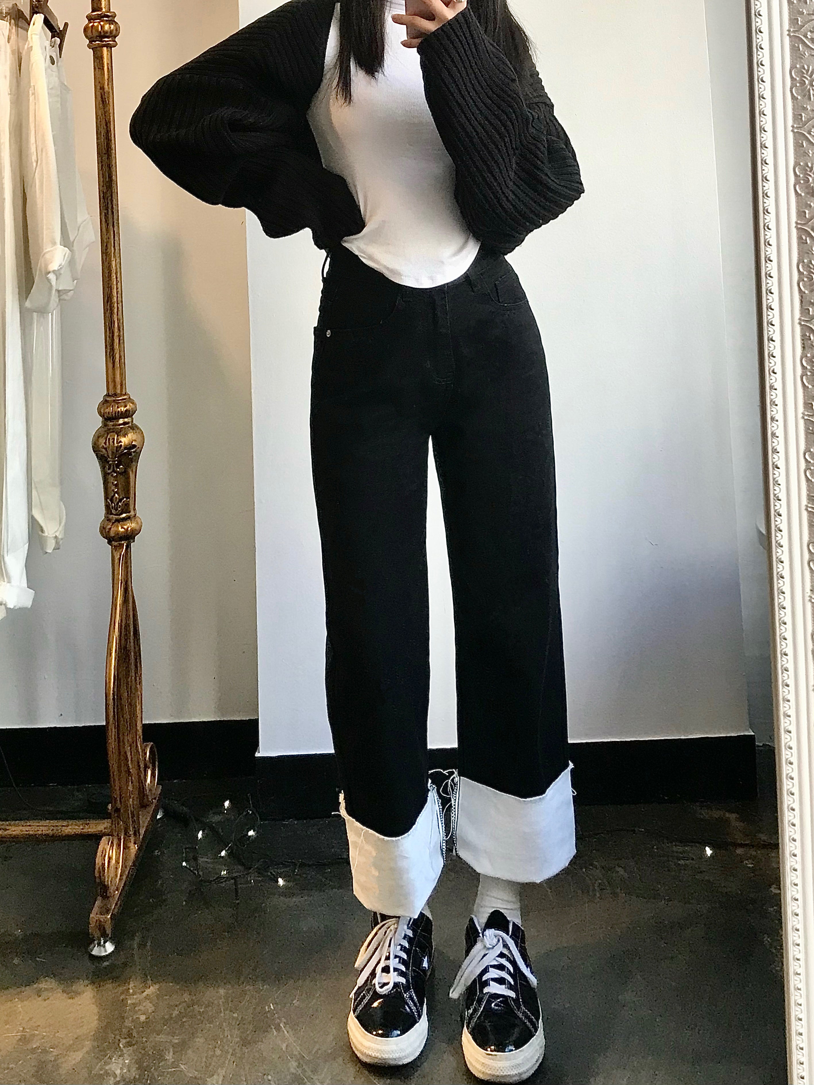 SEMI WIDE FIT BLACK+WHITE DENIM PANTS [17723]