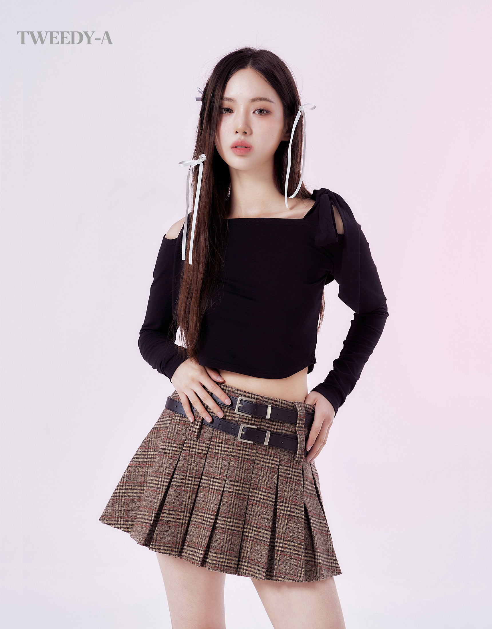 Tartan Check Dual Belted Pleated Mini Skirt Check Brown