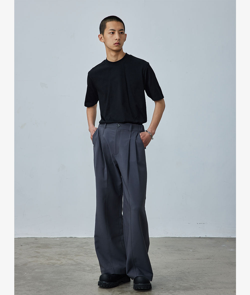 polyester silk blend double pleat center seam drape anti-wrinkle trousers