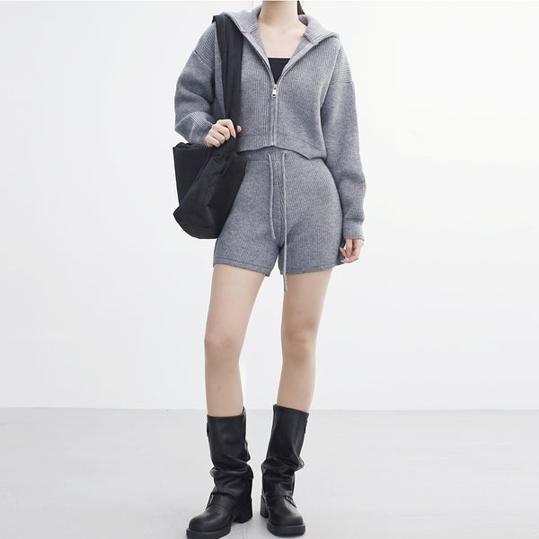 Fesible Knit Hooded Zip-Up + Knit Shorts Set