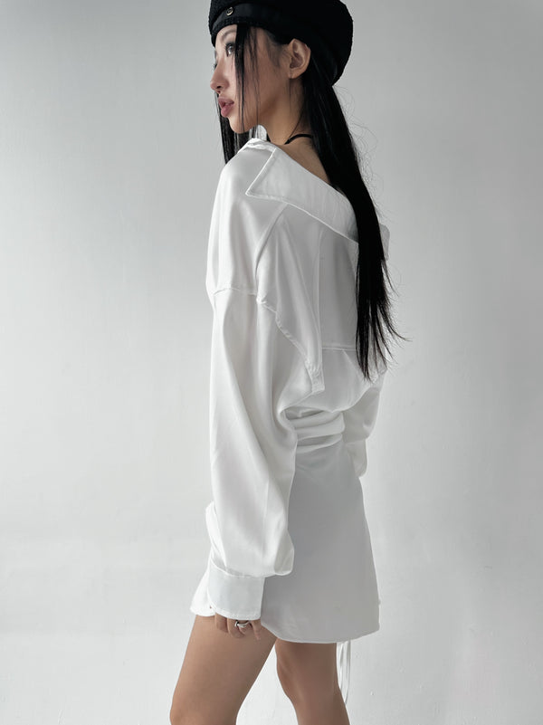 Silky shirring uncut shirt dress