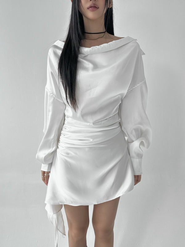 Silky shirring uncut shirt dress