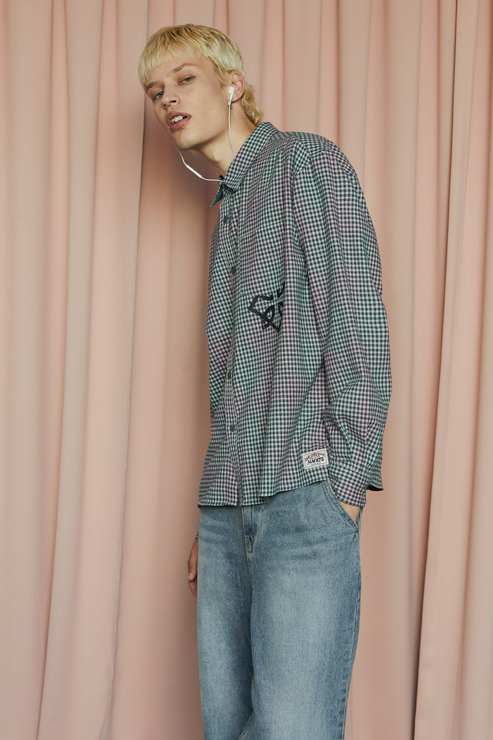 SYMBOL CHECK SHIRT / GREEN&PINK