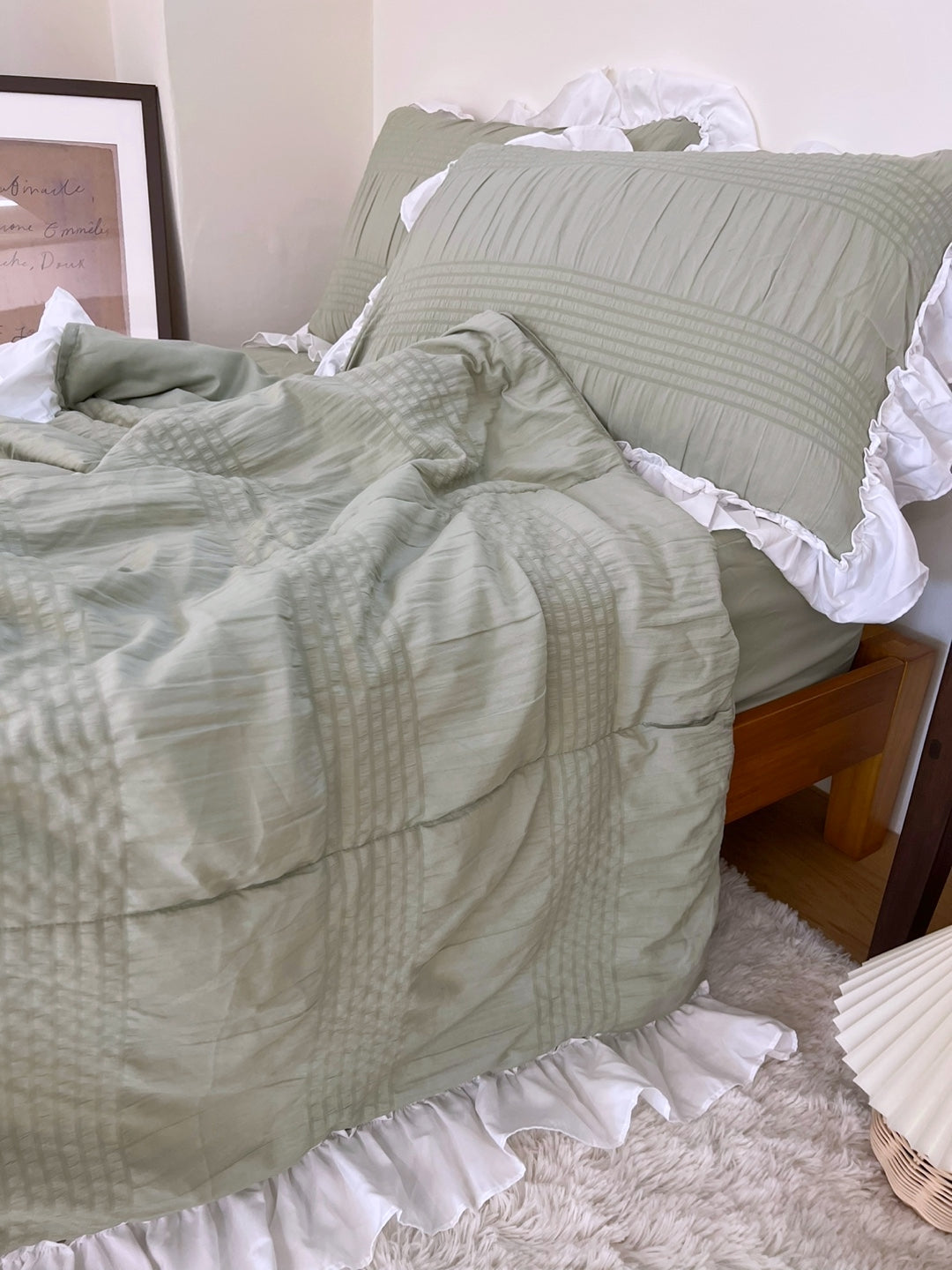 Shirring ruffle light comforter set - Milky Green - Q