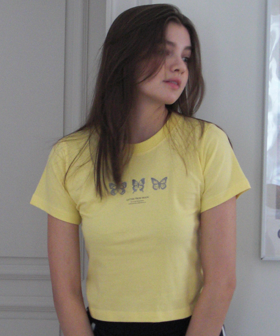 Triple Butterfly Crop Short Sleeve T-shirts ( Lemon )