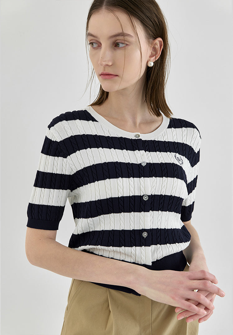 (CD-2040) Classic Cable Striped Knit Cardigan