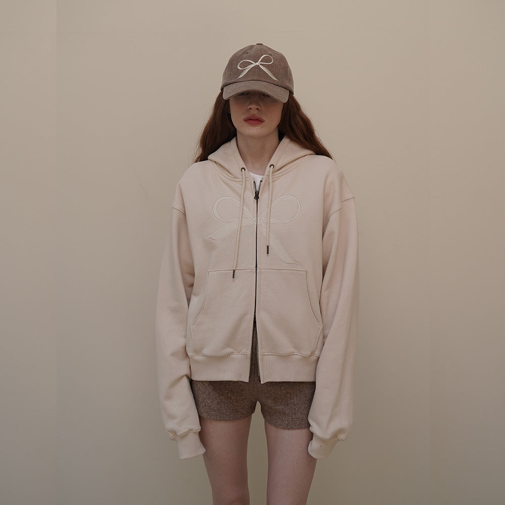 Cream Velvet Ribbon Hoodie Zip-up