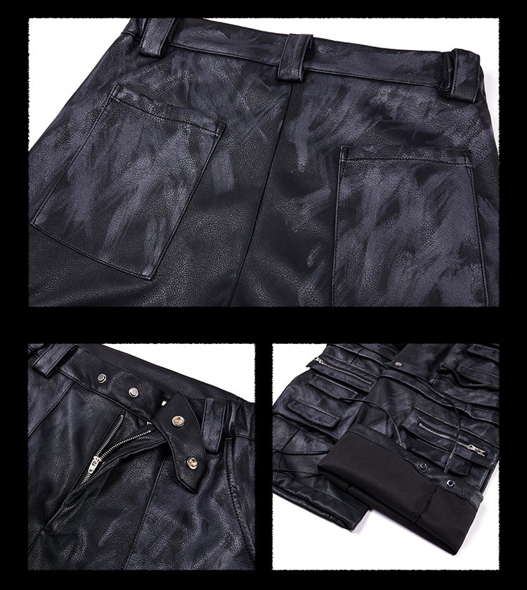  detachable multi-pocket cargo grained mud-dyed leather pants