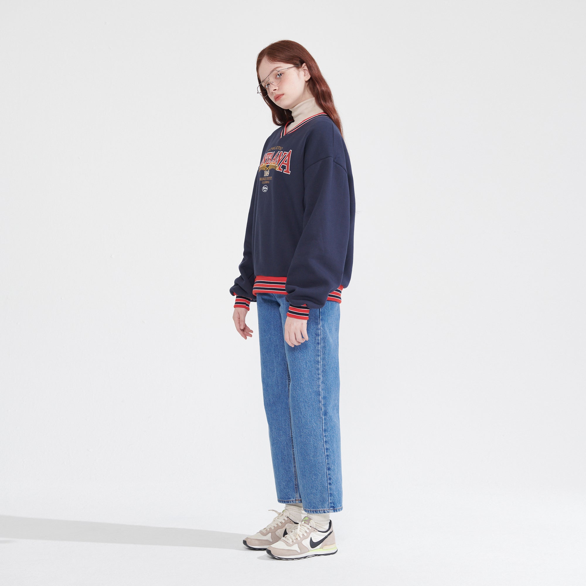 V-NECK STRIPE RIB SWEATSHIRT_NAVY