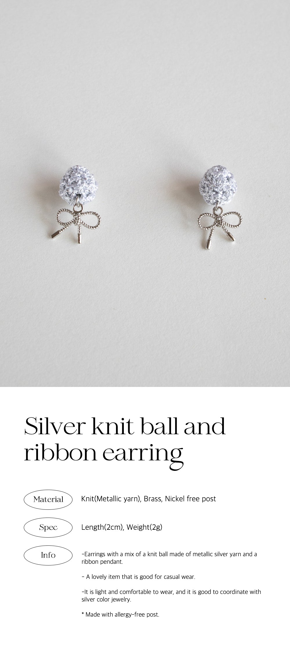 Silver knit ball and ribbon earring