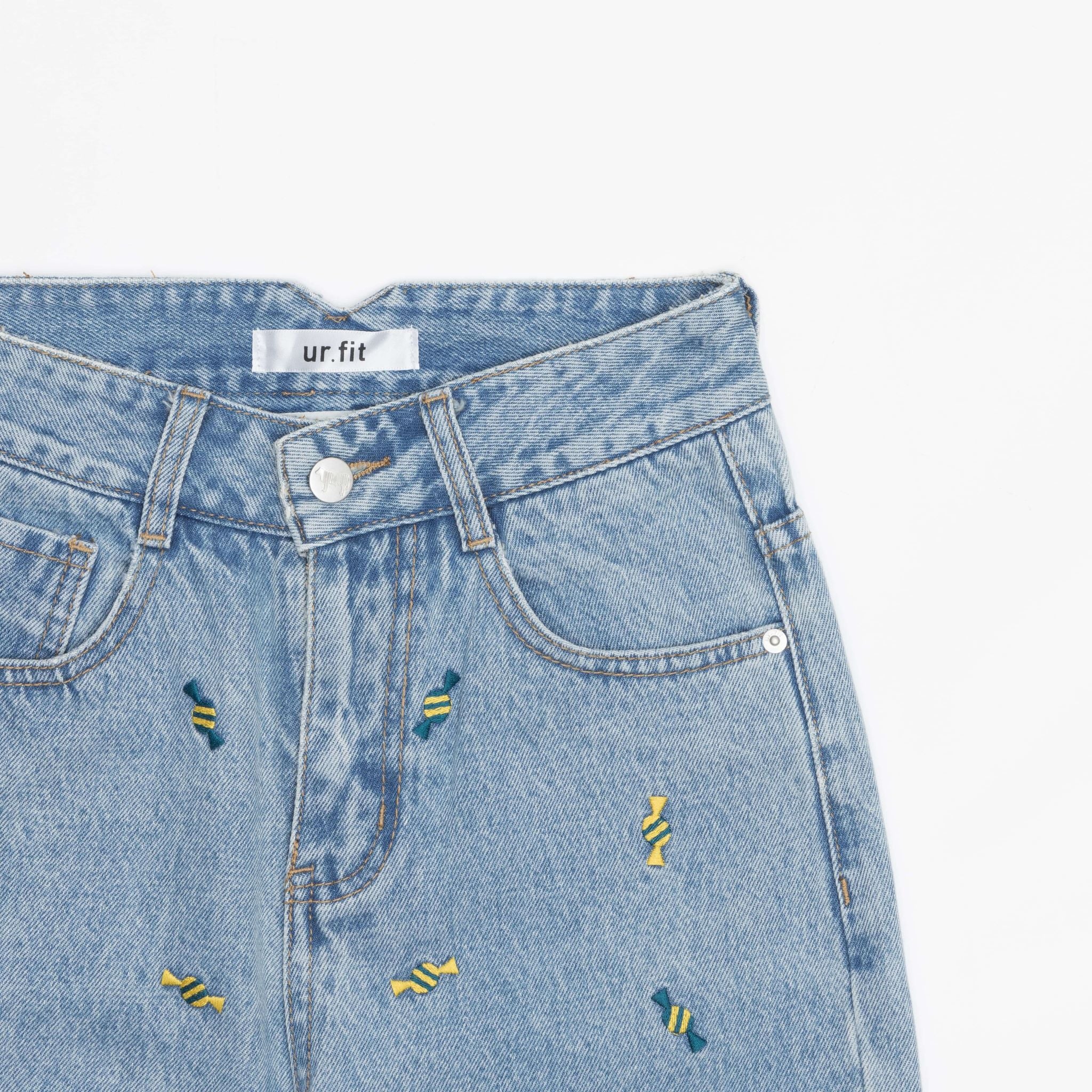 WIDE FIT CANDY EMBROIDERY DENIM PANTS