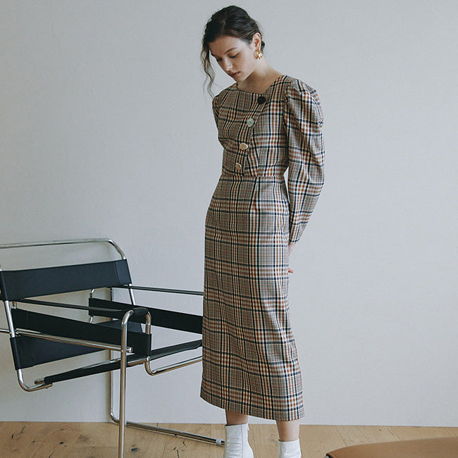 EMMA BUTTON POINT CHECK DRESS_BROWN (EEOO3OPR03W)