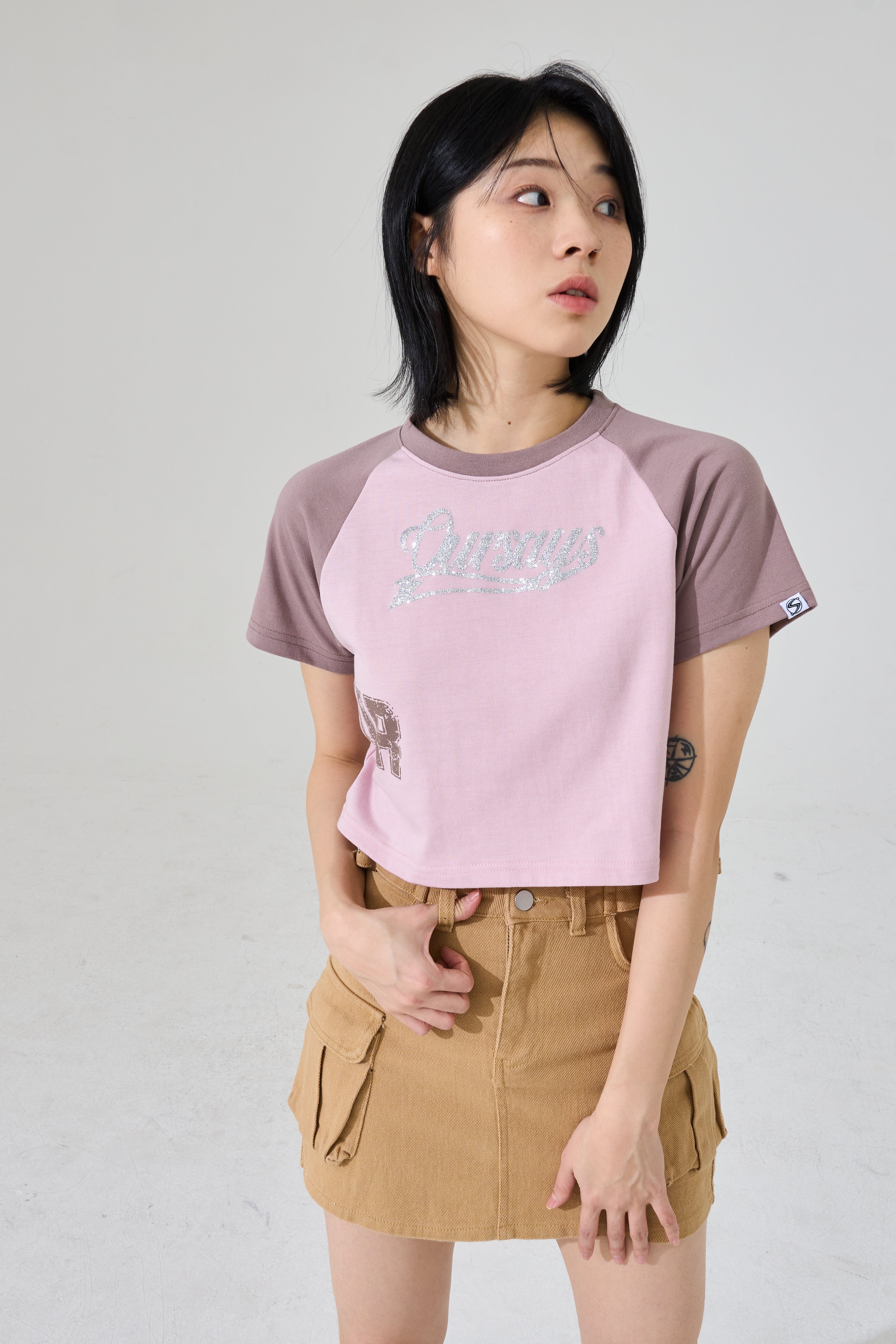 Supima Glitter Logo Raglan T-shirt Pink/Brown