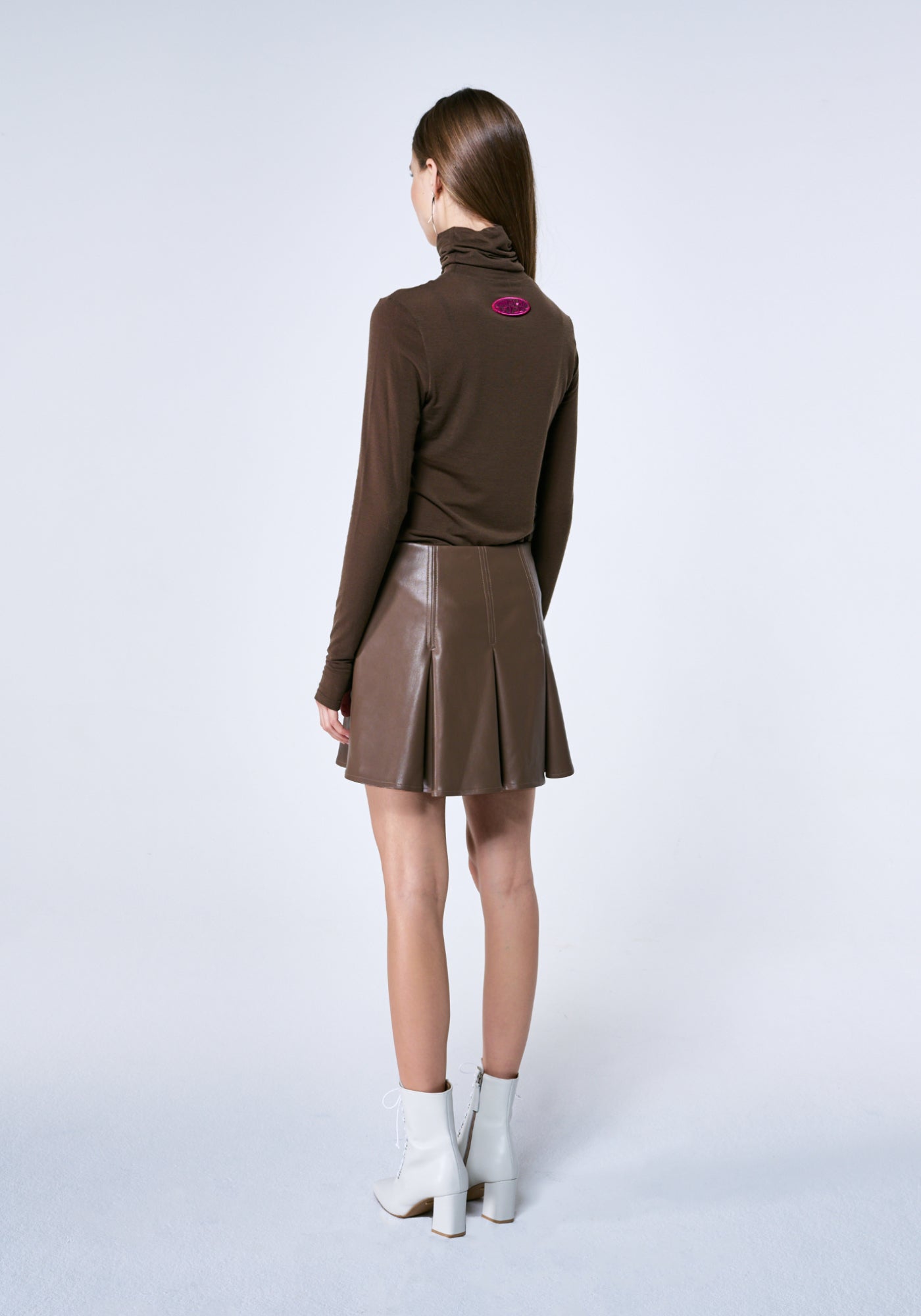 HAZELNUT GODET PLEATED VEGAN LEATHER SKIRT