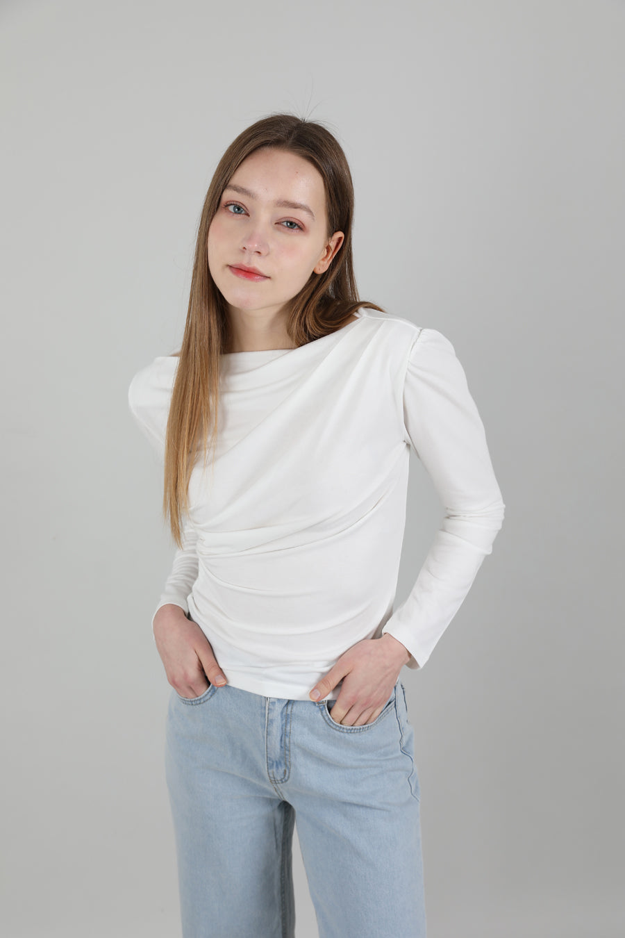 Drape Puff Shirring T-shirt White