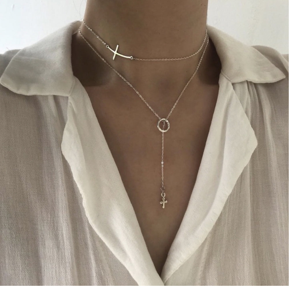 Silver Cross Choker Long Necklace Choker Necklace