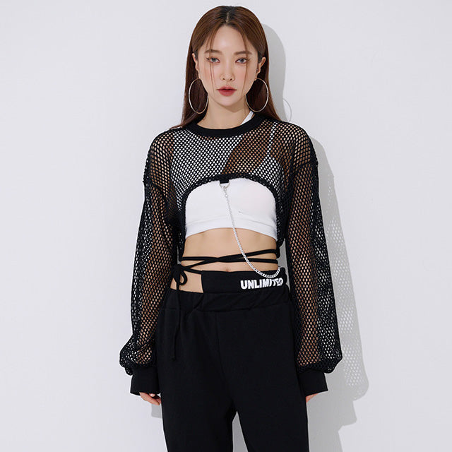 TOP(9368) Mesh Cross Crop Sweatshirt