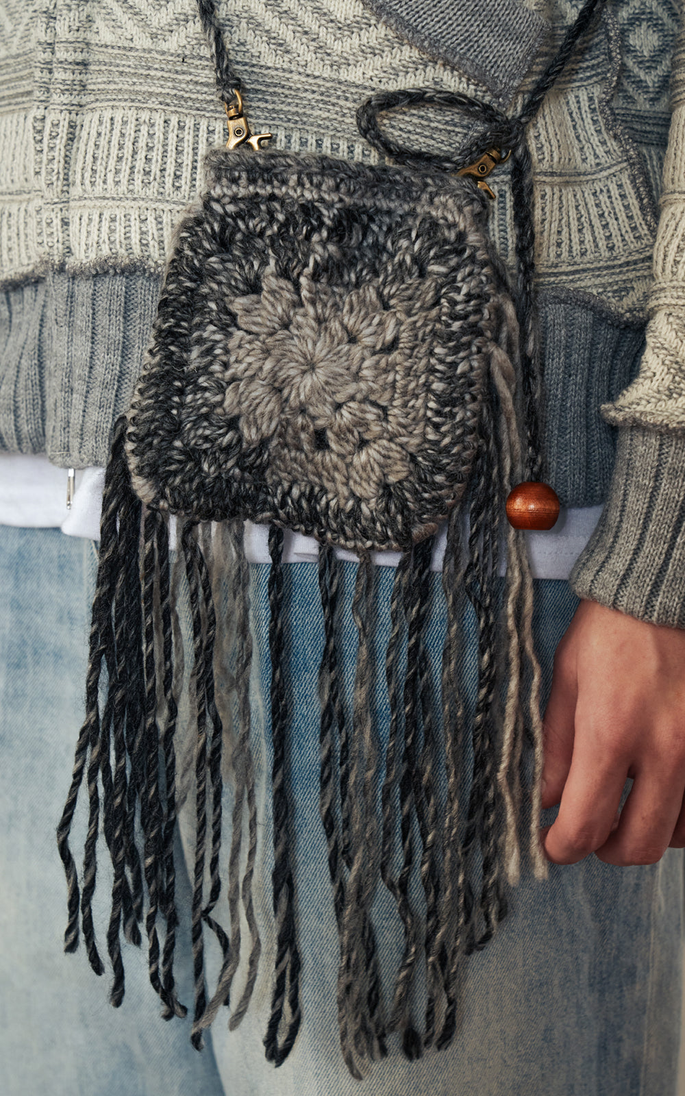 HANDMADE WOOL MIXTURE FRINGE MINI BAG_[GY