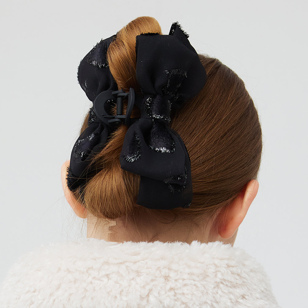 GLITTER HEART CHIFFON RIBBON HAIR CLIP HAIRPIN _ BLACK