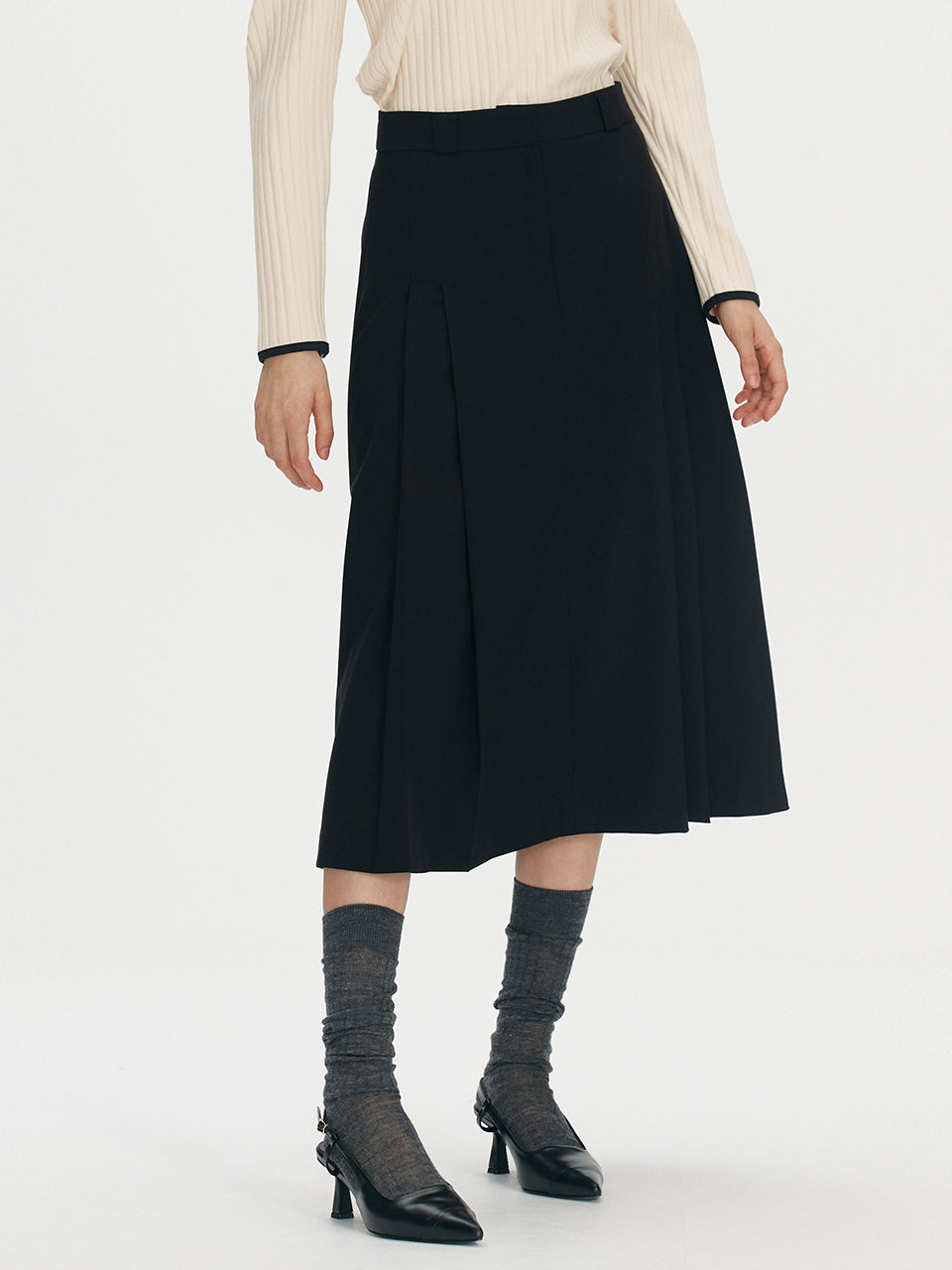 Side pleated midi skirt - Black