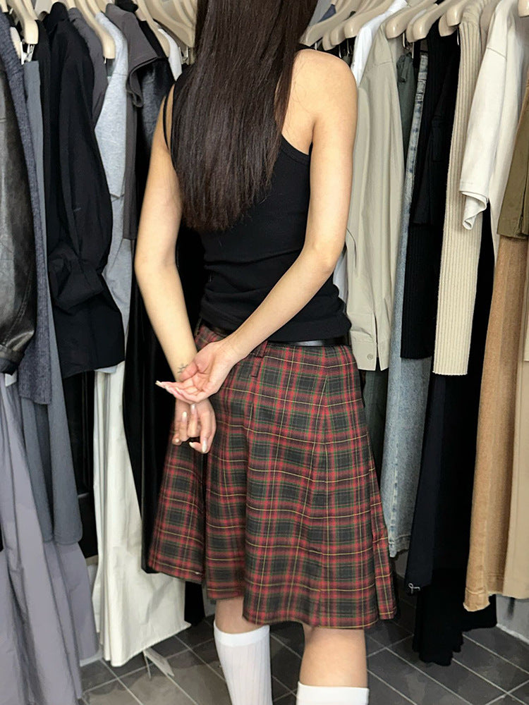 Checked mid pleated skirt