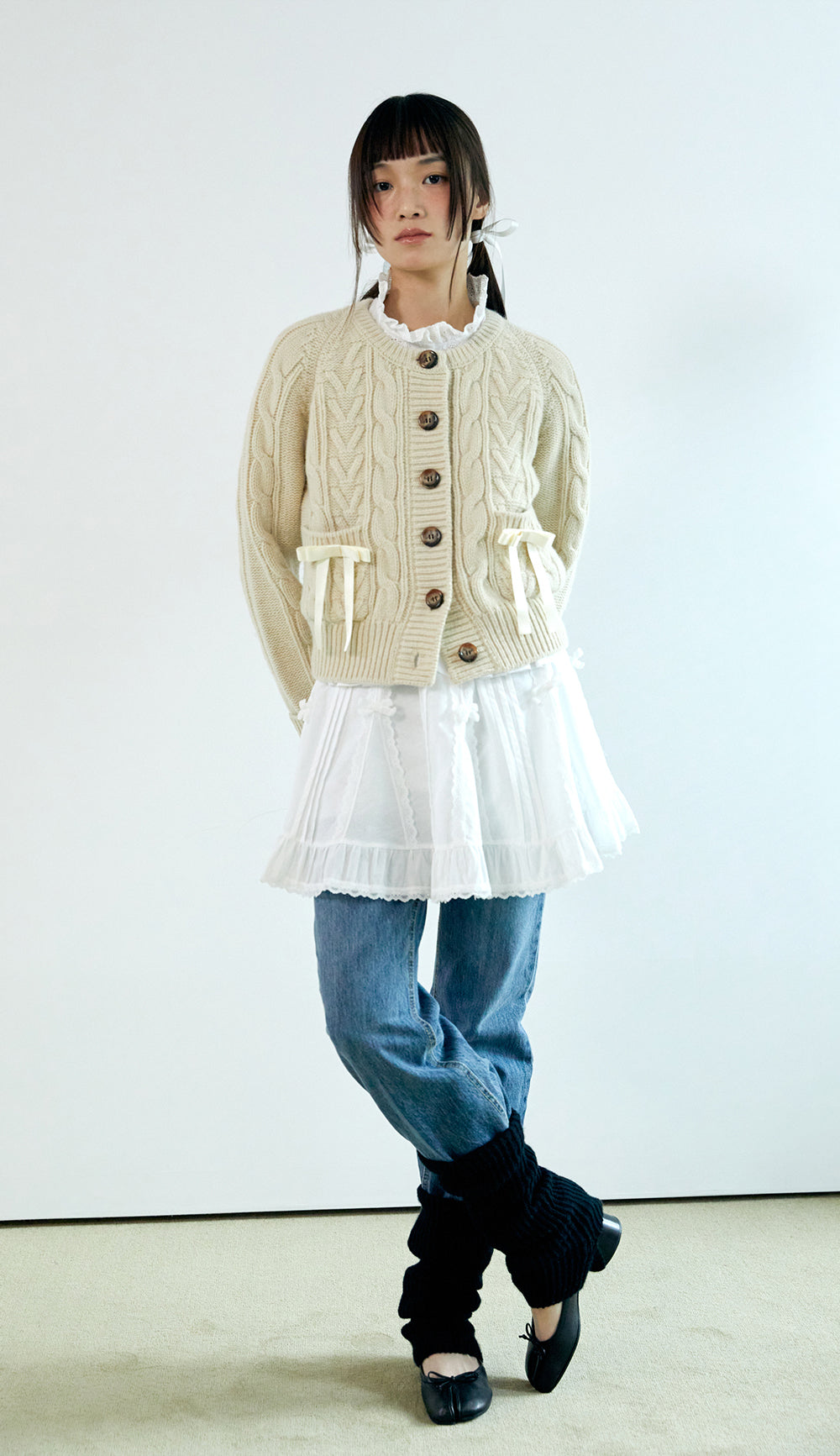 ribbon wool cable cardigan_ivory