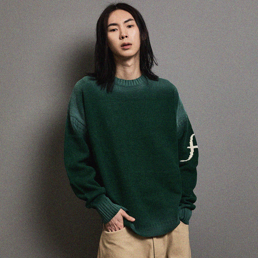 Vintage washed F logo round pullover (Green)