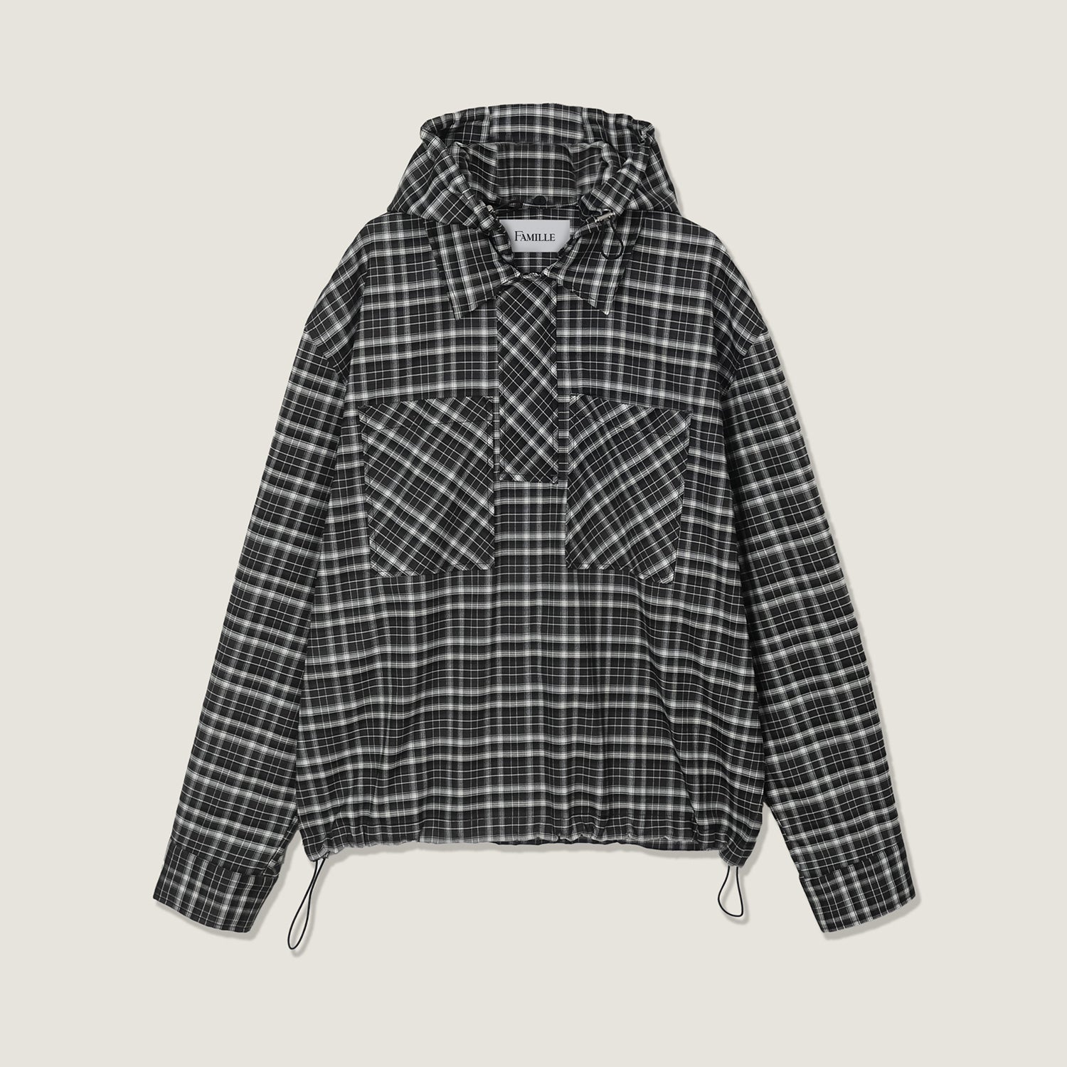 DETACHABLE HOODED ANORAK CHECK SHIRTS (DARK GREEN)