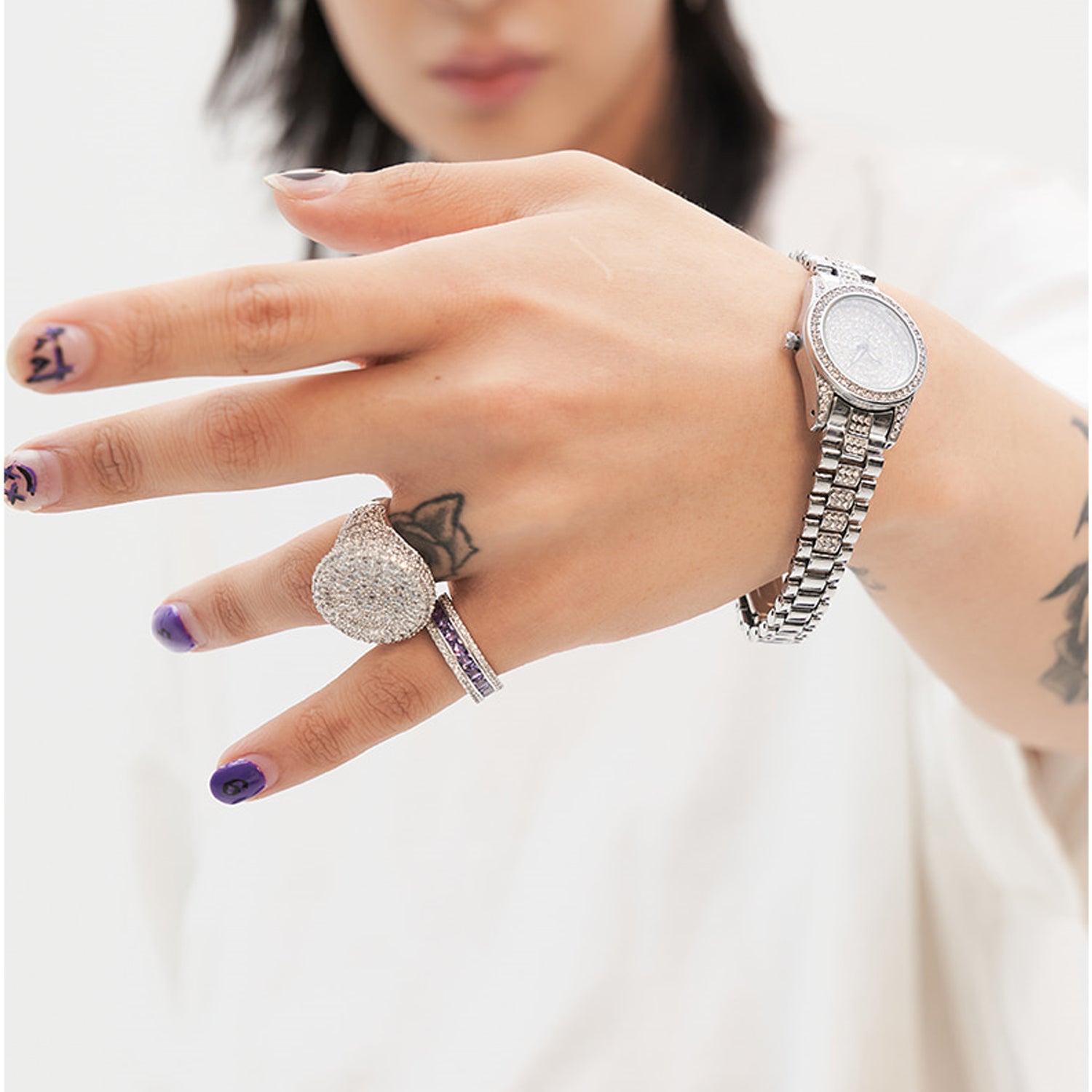 [BLACKLABEL] AAA DIA Crystal 3-line ring silver purple