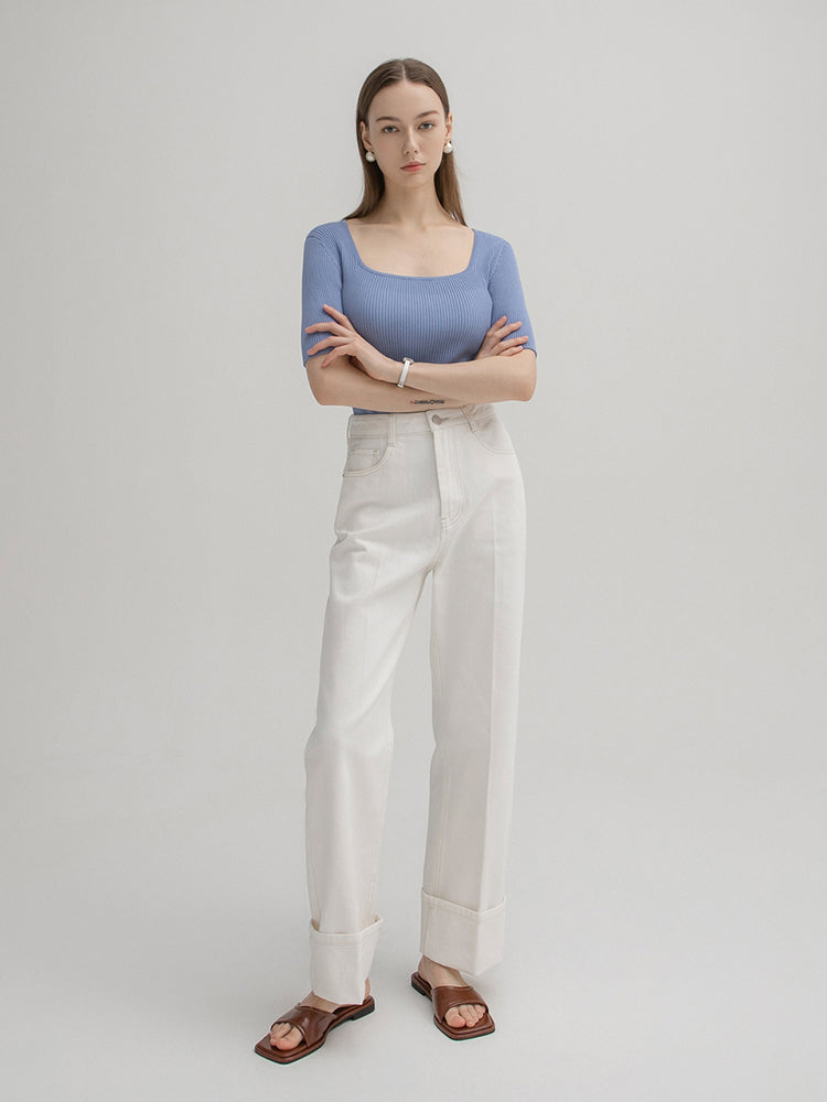 (PT-5195) New Classic Turn-up Cotton Denim Pants