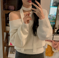 Rip Wool Off Shoulder V-neck Knit + Tie Set