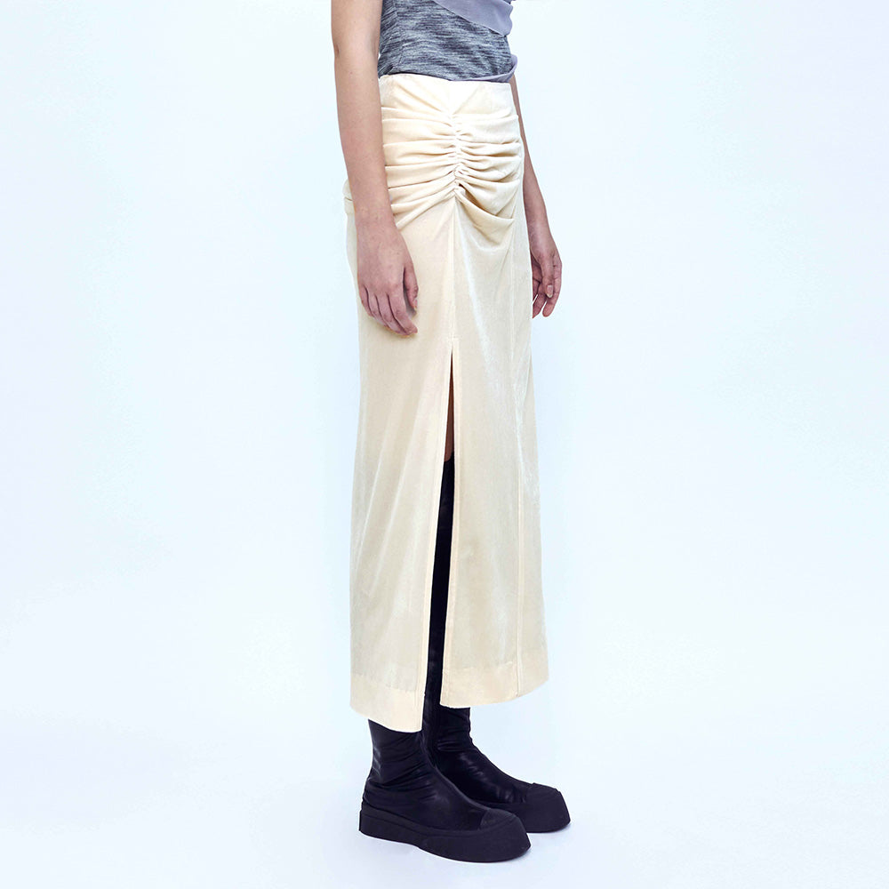 Velvet Draped Slit Long Skirt _ Cream