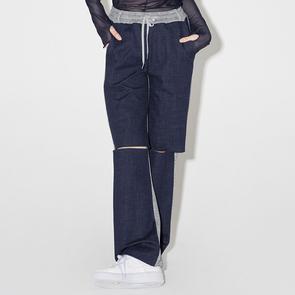 デニムニットブロッキングパンツ / Denim Knit Blocking Pants [BLUE]