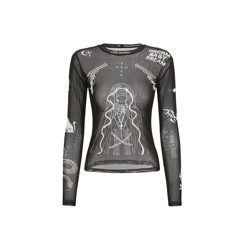 0 6 nun with guns tattoo top - BLACK