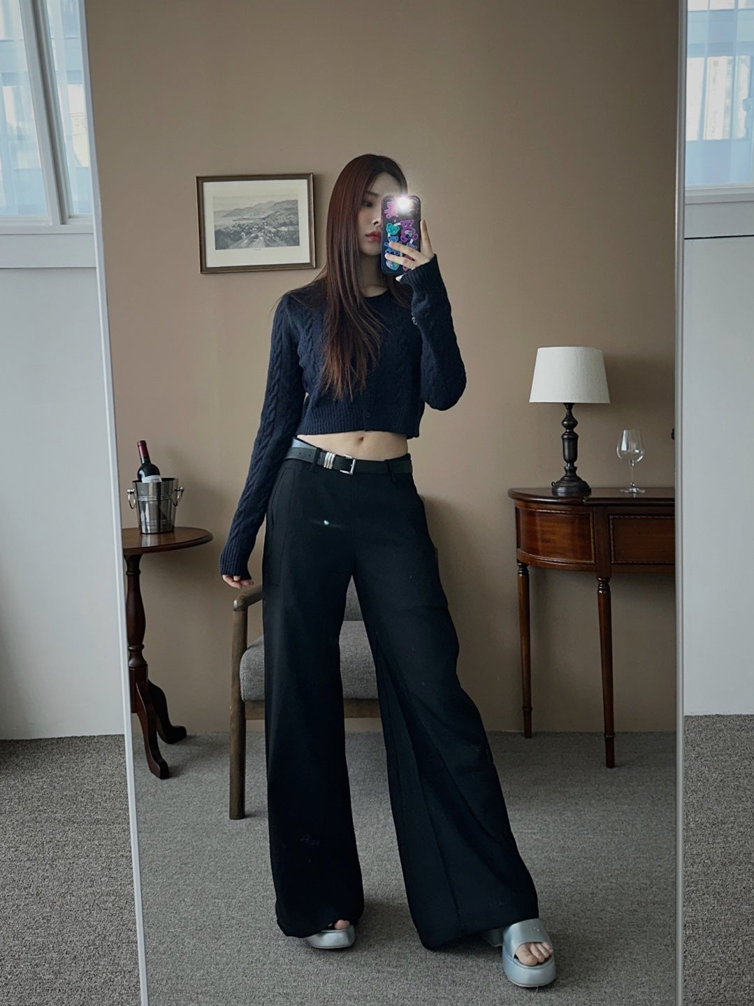 Belted semi bootcut slacks