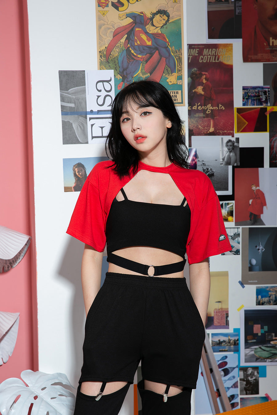 TOP(8607) CM Short Sleeve Shoulder Crop Tee