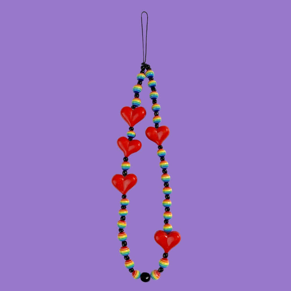 Beads Phone Strap Long-Heart Red