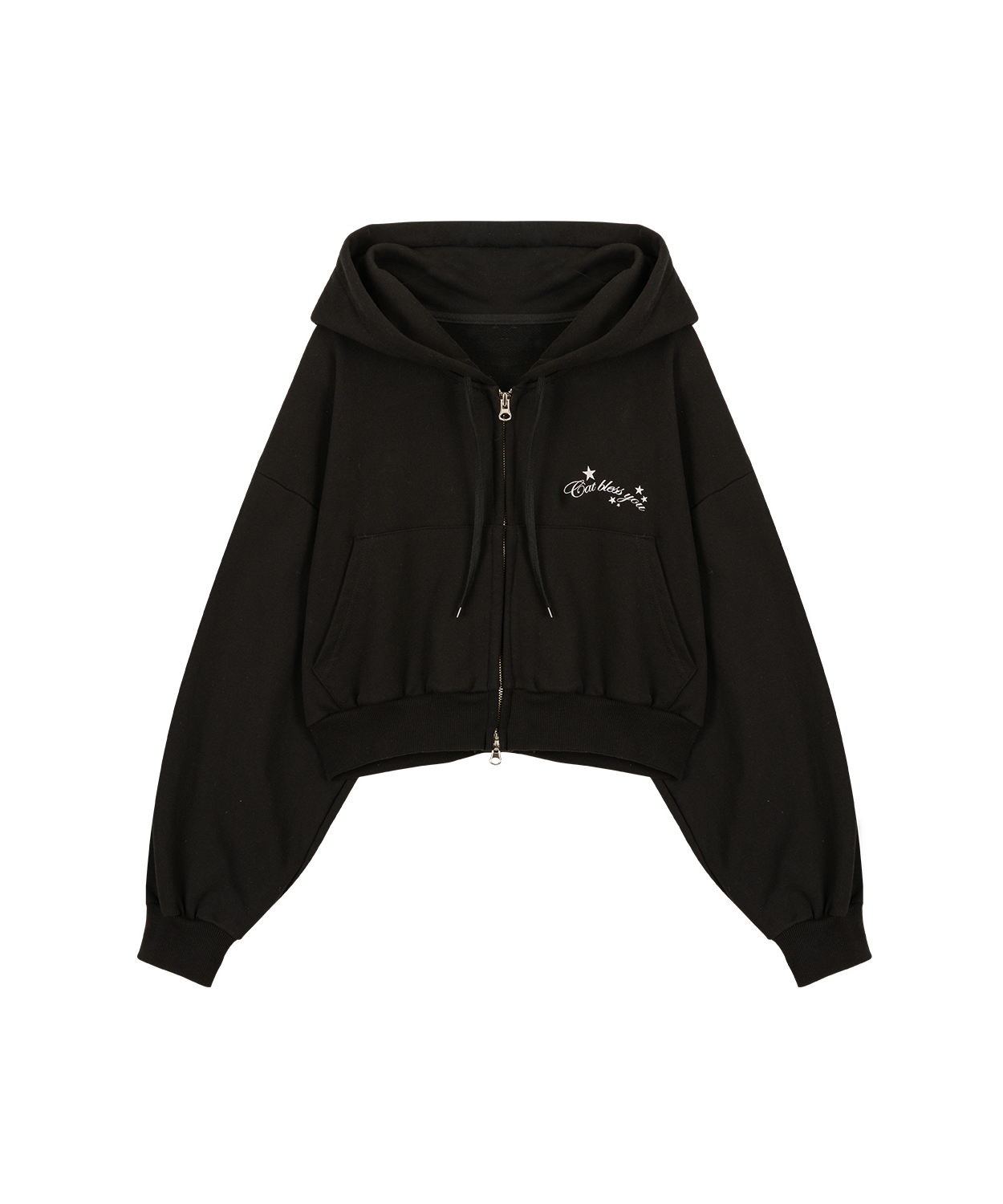 CAT CROP HOOD ZIP UP - BLACK