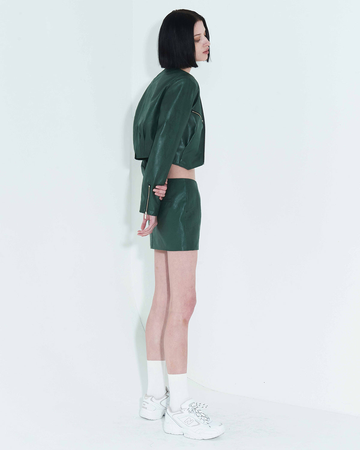 Faux-Leather Cropped Zip-Up Jacket _ Green