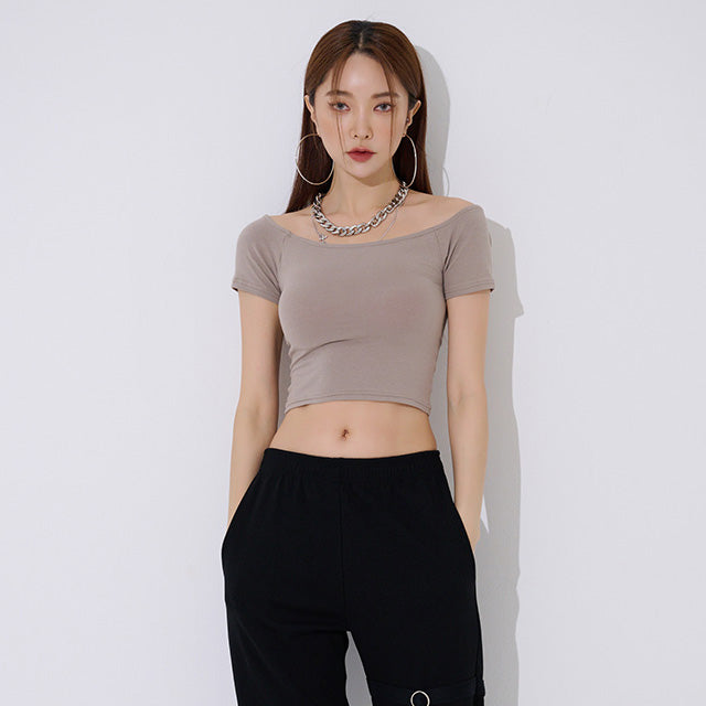 TOP(9393) Plain Off Shoulder Crop Tee