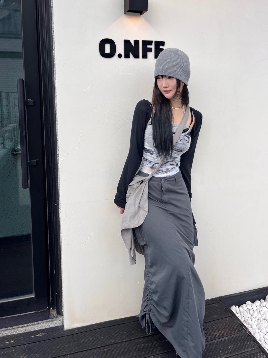 :Cargo shirring detail back slit long skirt