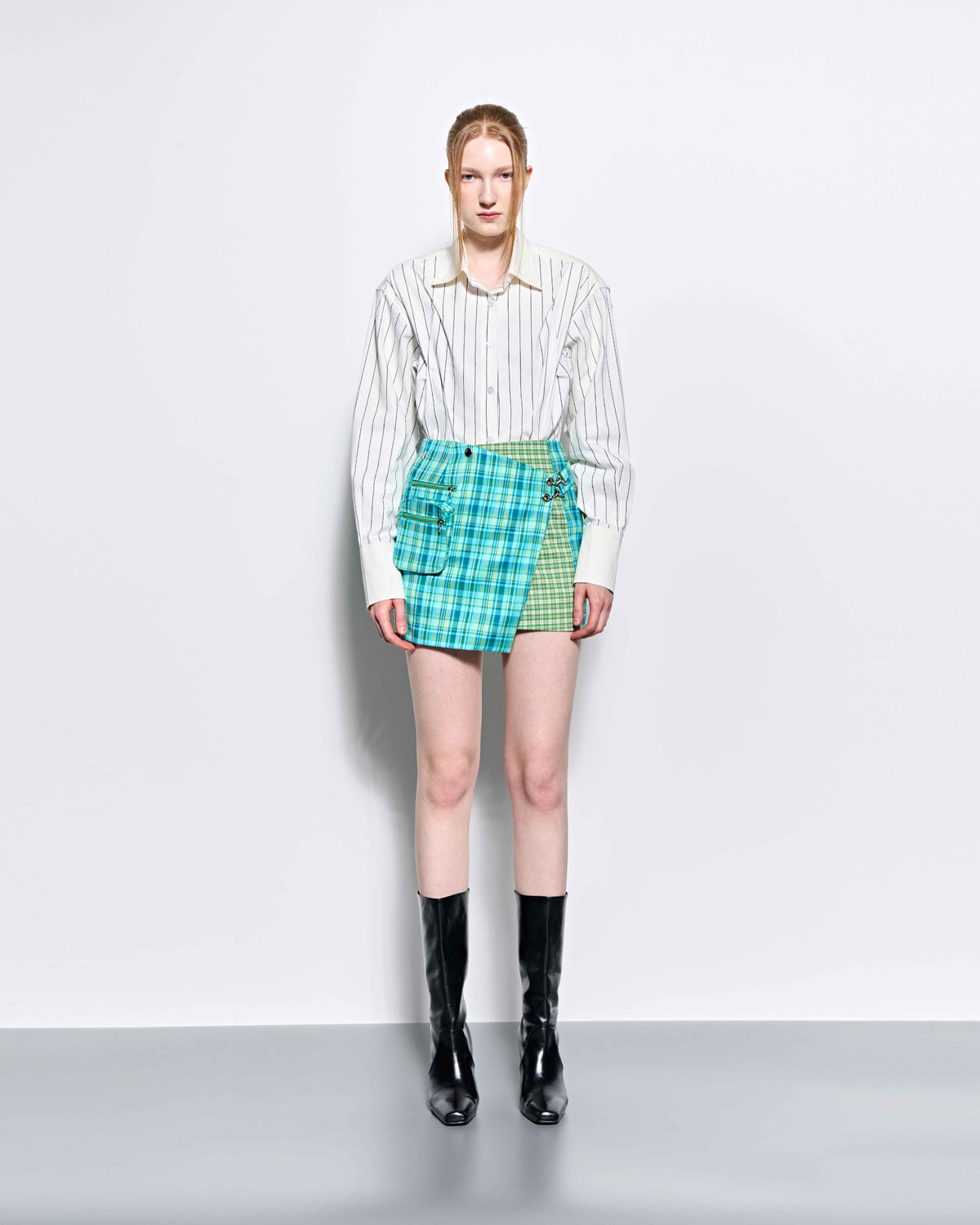 Check Panelled Mini Wrap Skirt _ Green