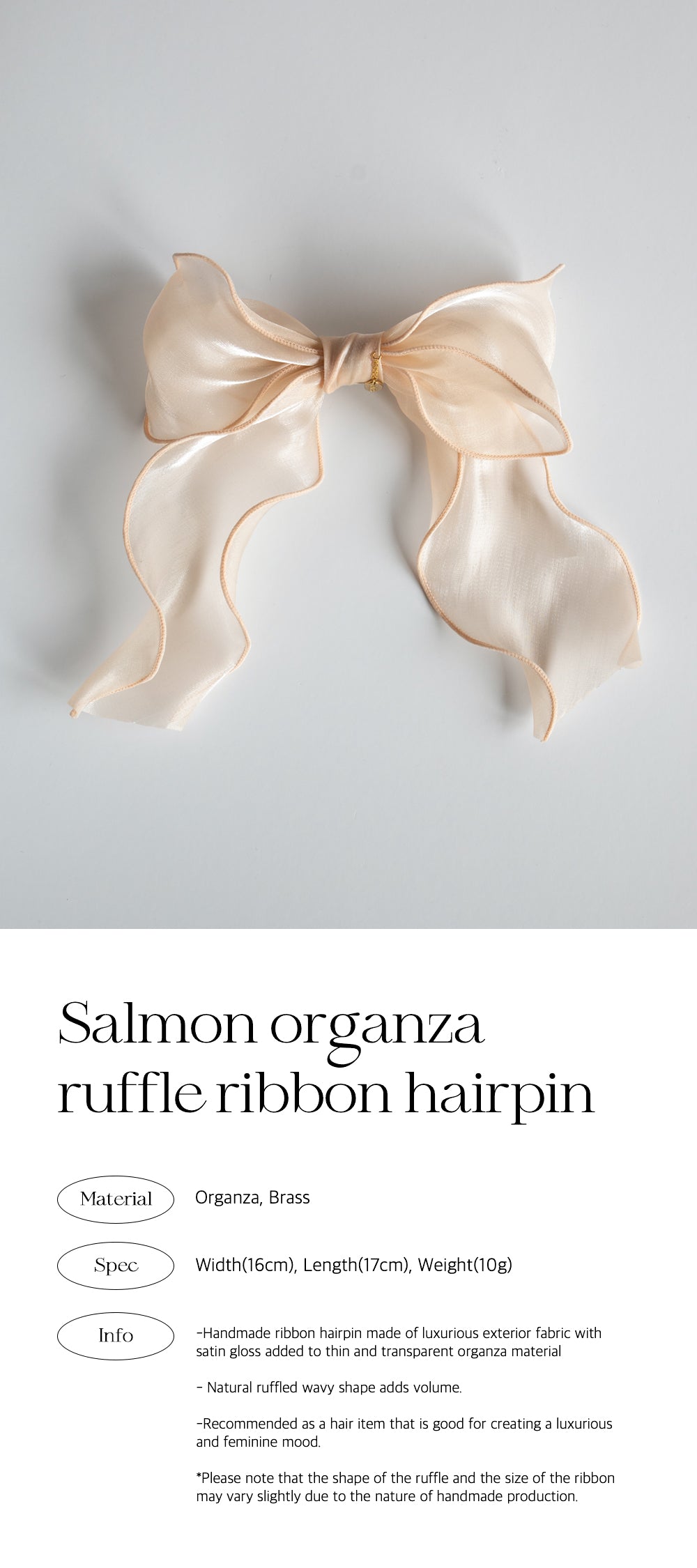 Salmon organza ruffle ribbon hairpin