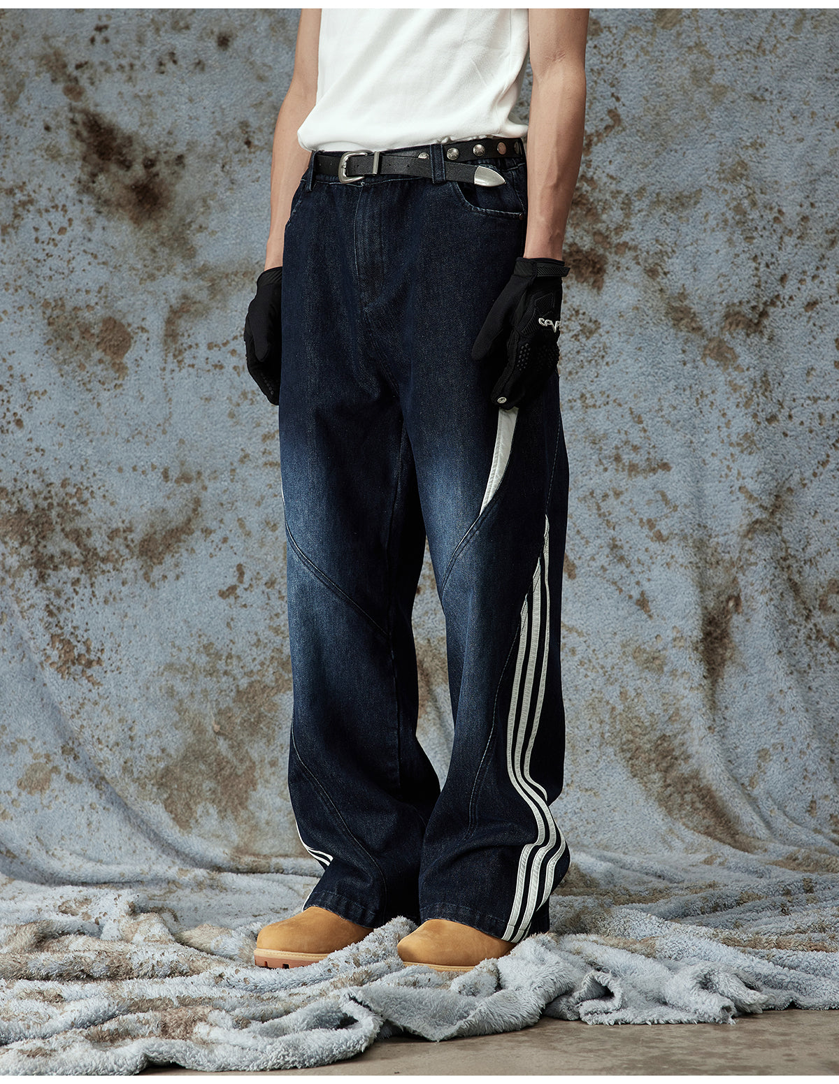 versatile deconstructed washed leather striped jeans