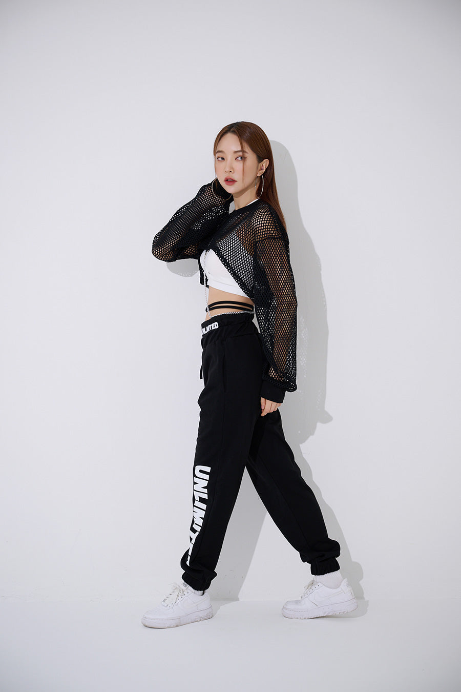 TOP(9368) Mesh Cross Crop Sweatshirt