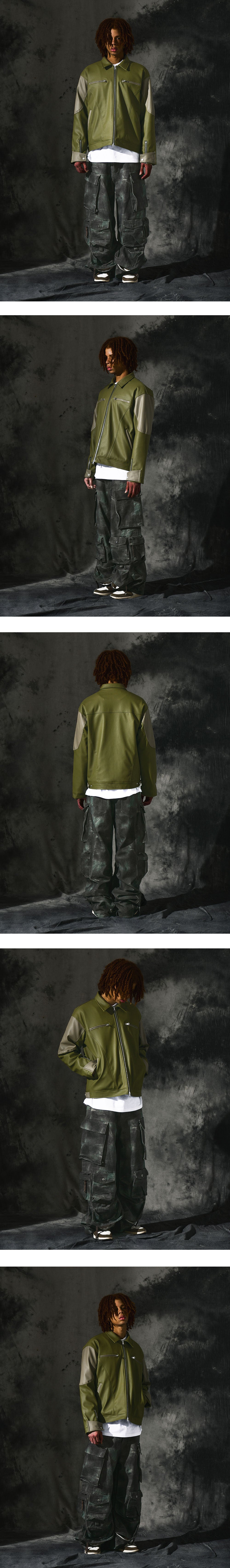 [2WAY] Cropped Distressed Leather Jacket_Khaki Olive