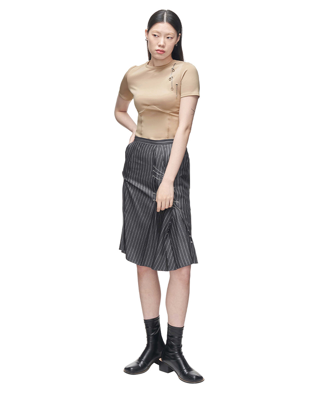 DOZI - Stripe Eyelet Skirt _ Dark Grey