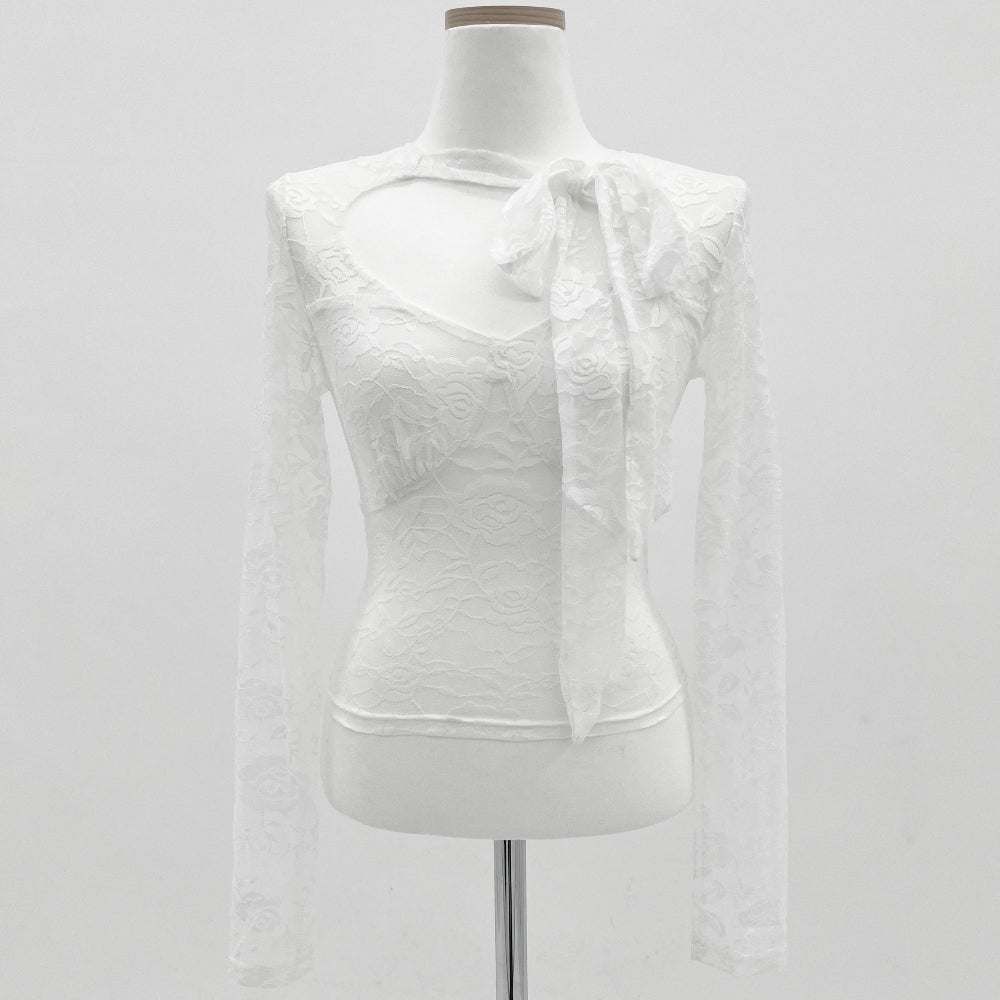 See-through White Ribbon Lace Long Sleeve Top (White)