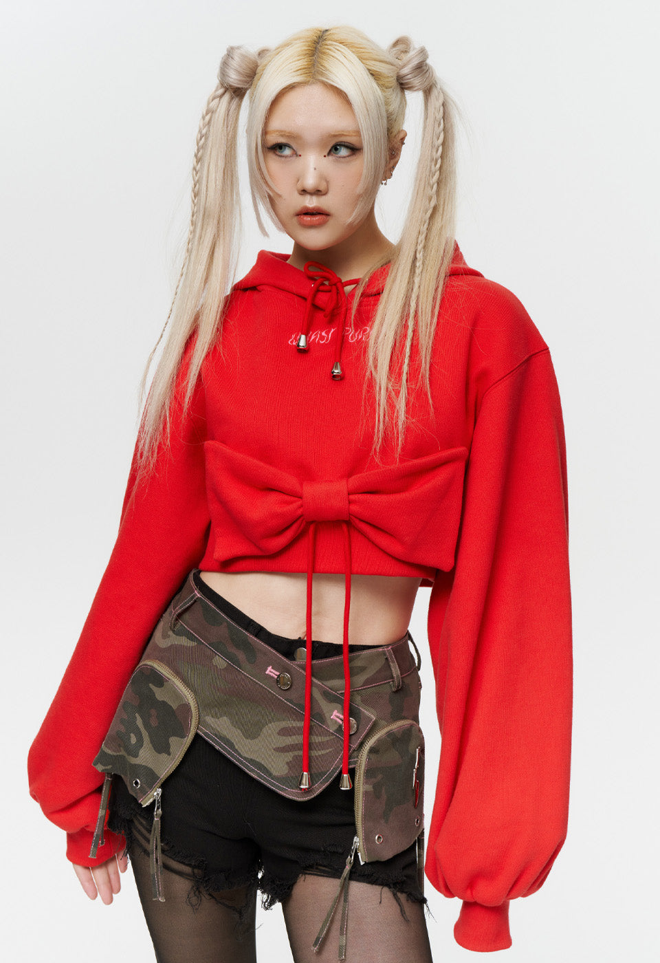 RIBBON CROP HOODIE (RED)