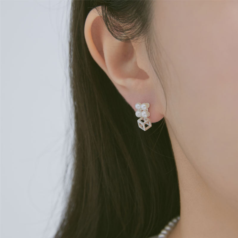 Frame Cube Flower Pearl Stud Earrings